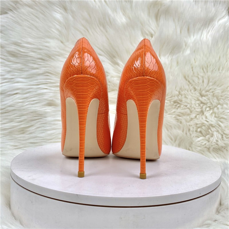 Orange snake patterned socialite high heels, pointed toe thin heels, fashionable and sexy shallow mouth women's shoes