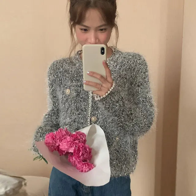 Pearl Beading Elegant Knit Cardigan Sweater Women Korean Stylish Shiny Thread Tops Long Sleeve O-neck Vintage Coats Jumpers