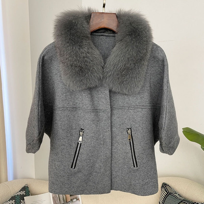 Short knit sweater with real fox fur collar fashionable bat sleeves cardigan jacket