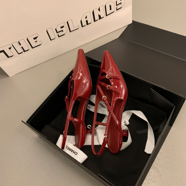 French high heels, feminine, high-end patent leather shoes, sexy small square toe stiletto heeled toe sandals