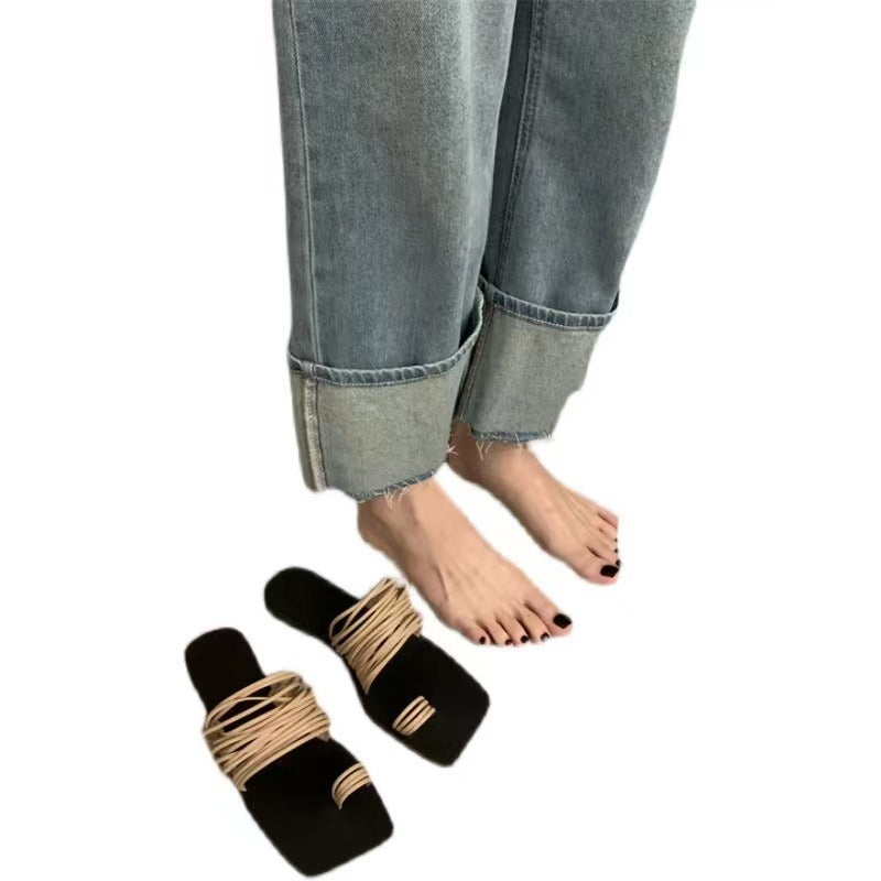 Thin band combination one line soft leather square toe slippers for women's open toe flat bottomed beach sandals