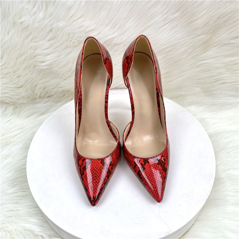 Red snake patterned socialite high heeled shoes with pointed toe, slim heel, shallow mouth, side air single shoe