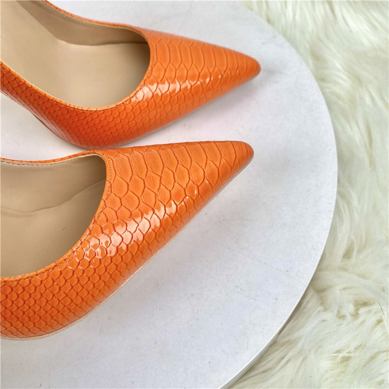 Orange snake patterned socialite high heels, pointed toe thin heels, fashionable and sexy shallow mouth women's shoes