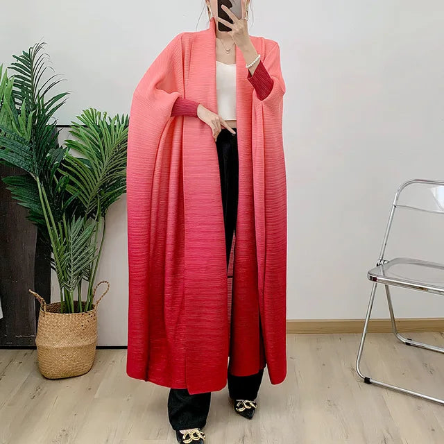 Gradient color batfly sleeve pleated trench coat, women's stylish goddess style loose long pleated jacket