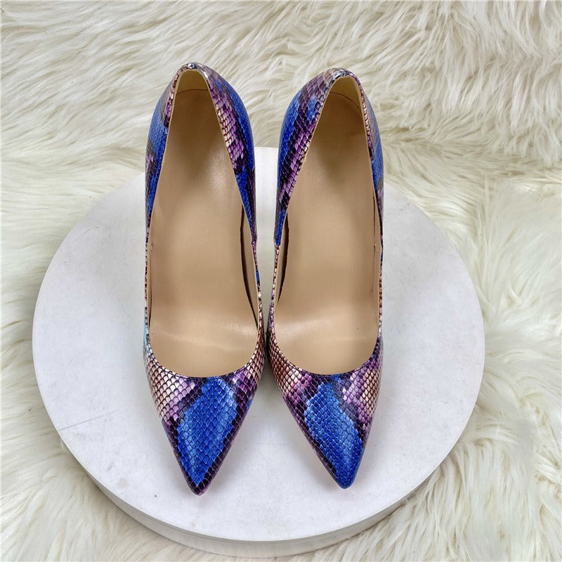 Blue snake patterned socialite high heels, pointed toe thin heels, shallow cut single shoes