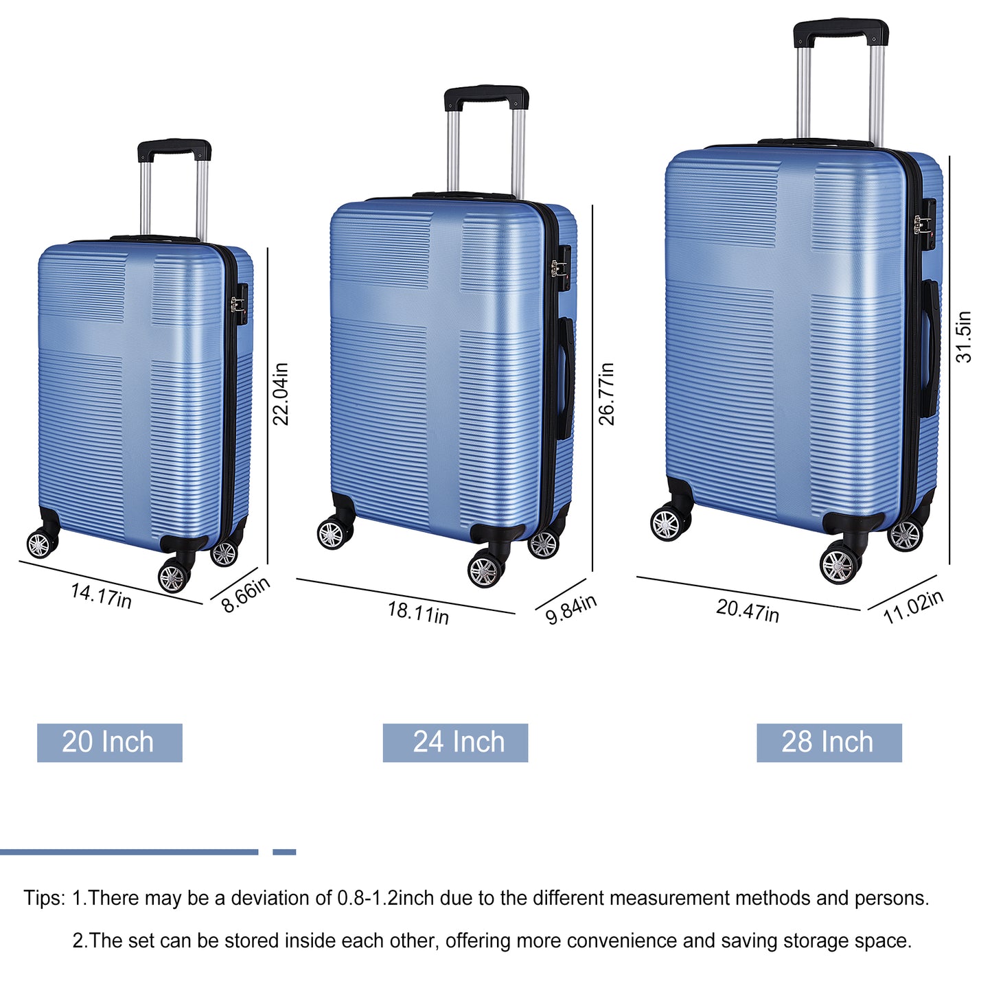 3 Piece Luggage with TSA Lock ABS, Durable Luggage Set, Spinner Wheels Cross Stripe Luggage Sets 20in/24in /28in Light Blue