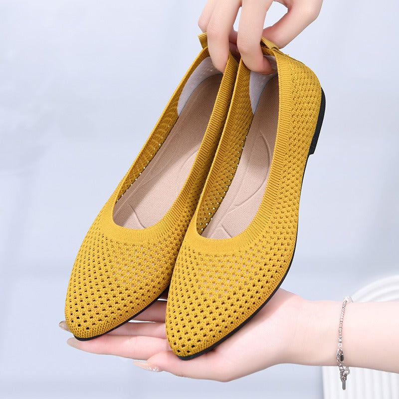 Summer solid color pointed flat bottomed women's shoes, casual breathable women's hollowed out cloth shoes