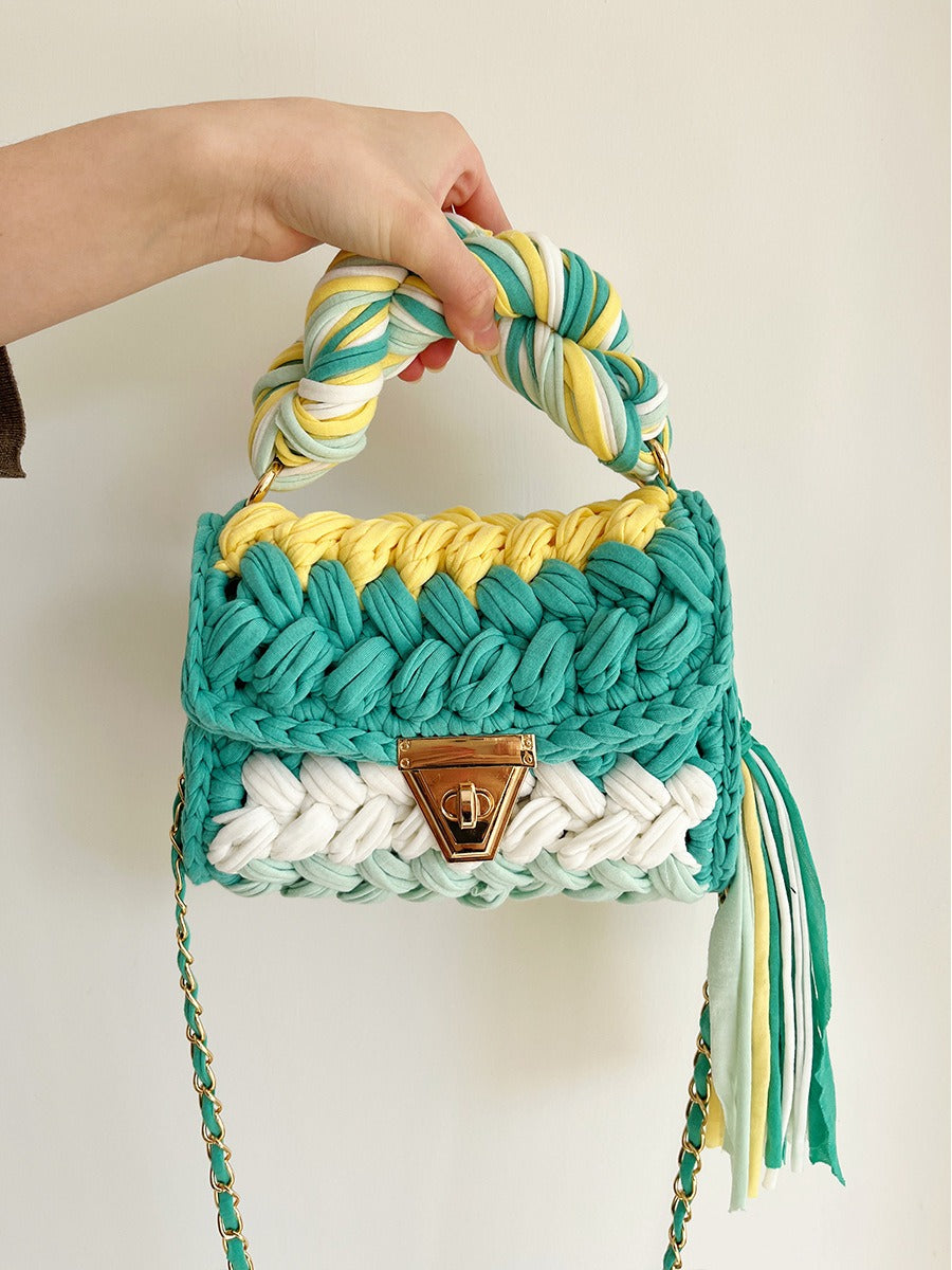 Hand woven bag crochet bag shoulder bag women's Fried Dough Twists portable tassel bag