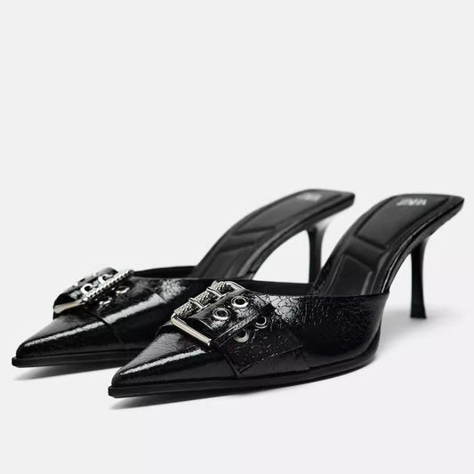 Black buckle strap French pointed slim heel sandals