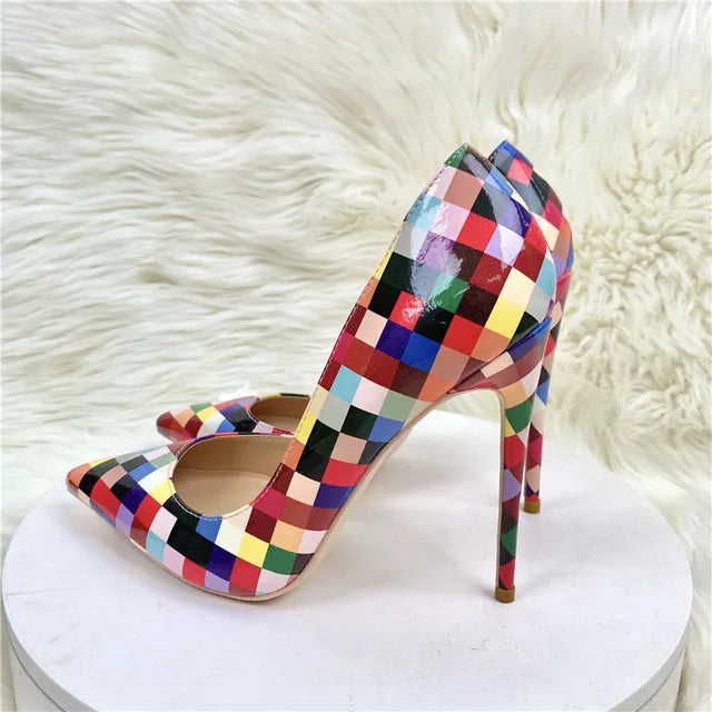 Multi-Color Plaid Print Women Pointy Toe Side Cut  High Heel Shoes Fashion Designer Ladies Slip On Stiletto Pumps