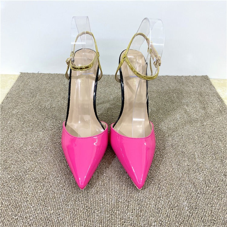 Color blocking straight line sandals 12CM pointed toe thin heel shallow mouth single shoe women's shoes