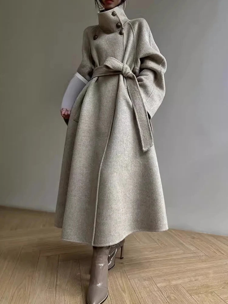 Stand collar double-sided wool coat women's long lace up cashmere coat