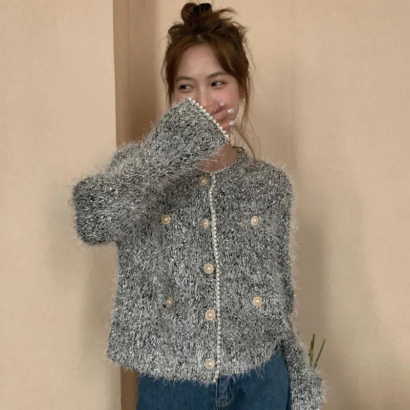 Pearl Beading Elegant Knit Cardigan Sweater Women Korean Stylish Shiny Thread Tops Long Sleeve O-neck Vintage Coats Jumpers