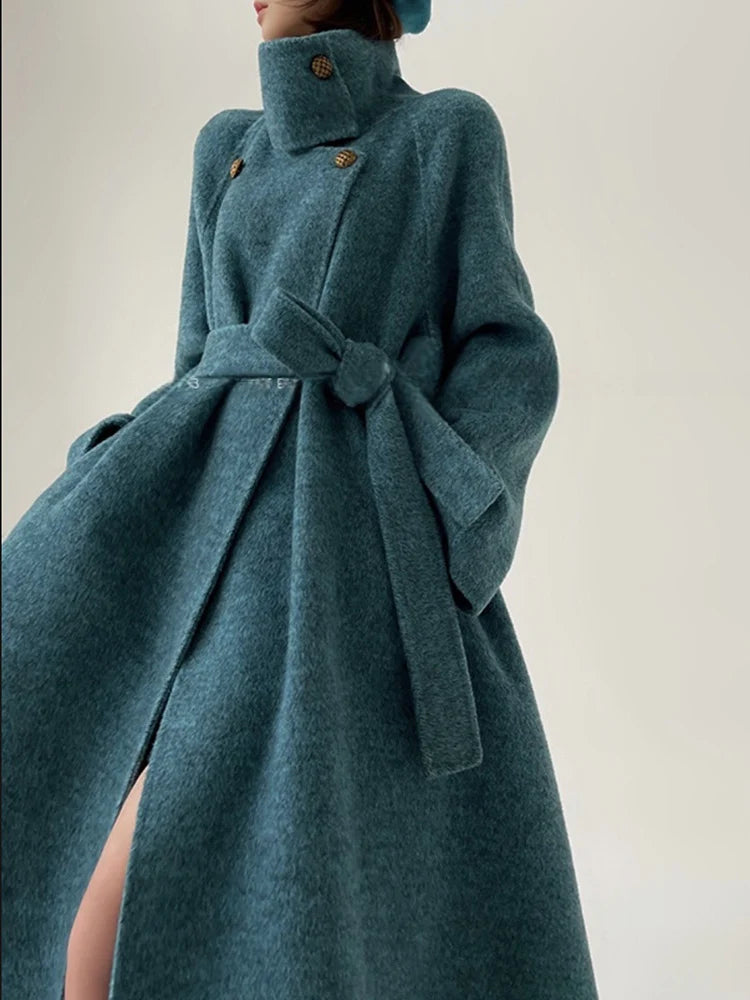 Stand collar double-sided wool coat women's long lace up cashmere coat