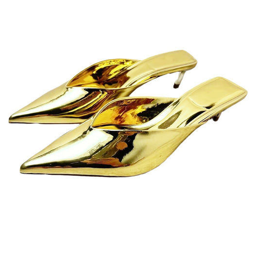 Golden metallic high heels, Muller shoes, toe wrap, back empty high heels, sandals for women