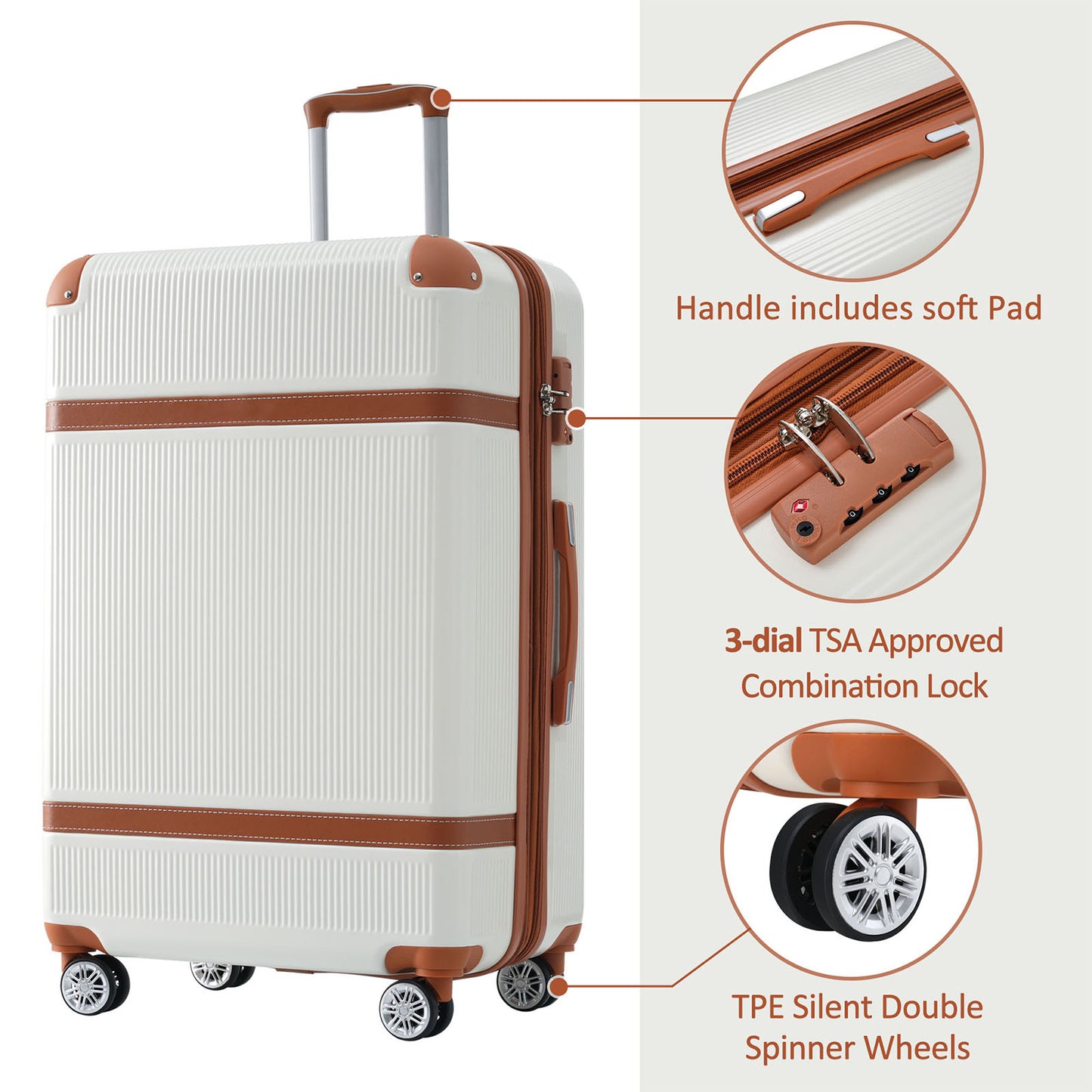 Hardshell Luggage Sets 3 Piece double spinner 8 wheels Suitcase with TSA Lock Lightweight 20''24''28'' White + ABS