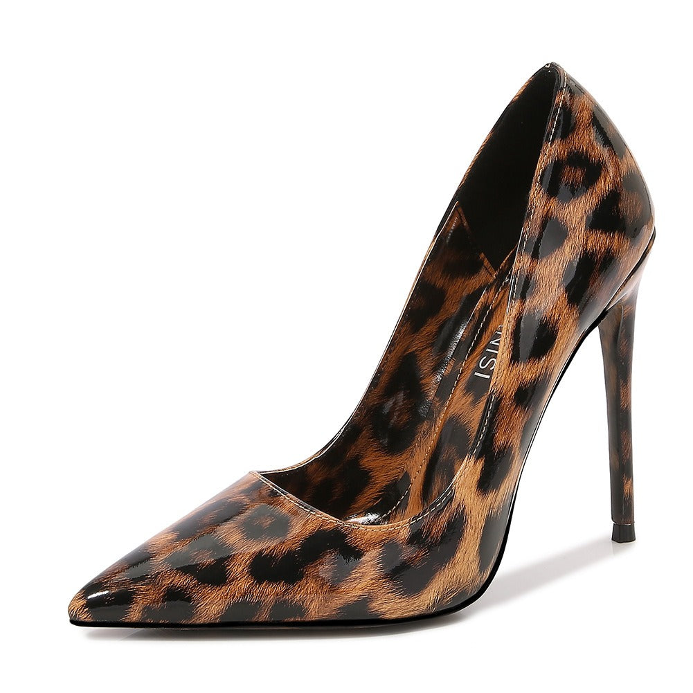 Leopard print pointed high heels, slim heels, oversized single shoes, European and American style, sexy women's shoes