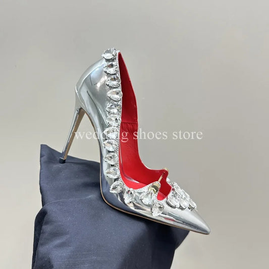 Rhinestone Heels Patent Leather Sexy Pointed Toe Shallow Mouth Black High Heels Luxury New Single Shoes Women Wedding Pumps