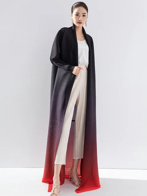 Wrinkled trench coat for women, high-end and fashionable, loose print, gradient color, lapel, bat sleeves, long jacket