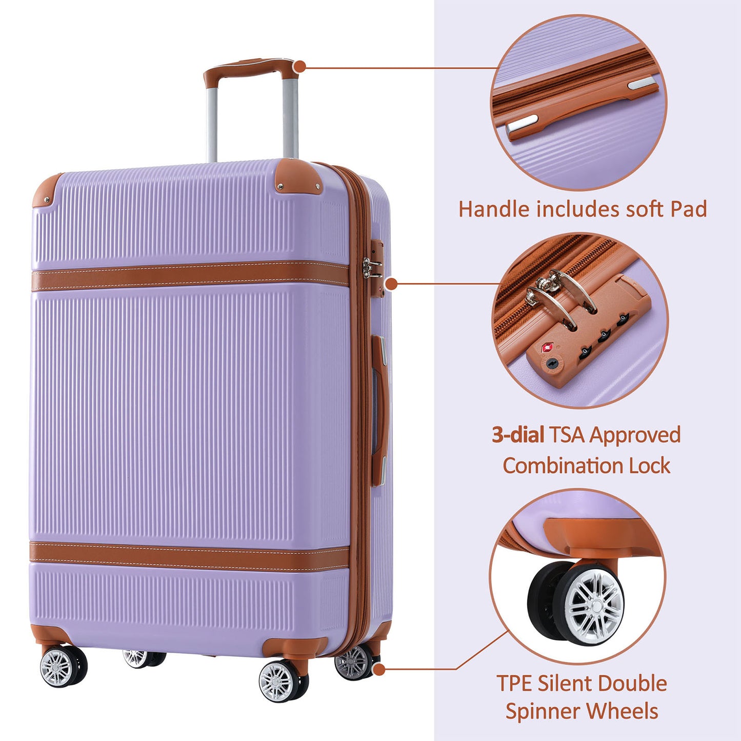 Hardshell Luggage Sets 3 Piece double spinner 8 wheels Suitcase with TSA Lock Lightweight 20''24''28'' Lilac + ABS