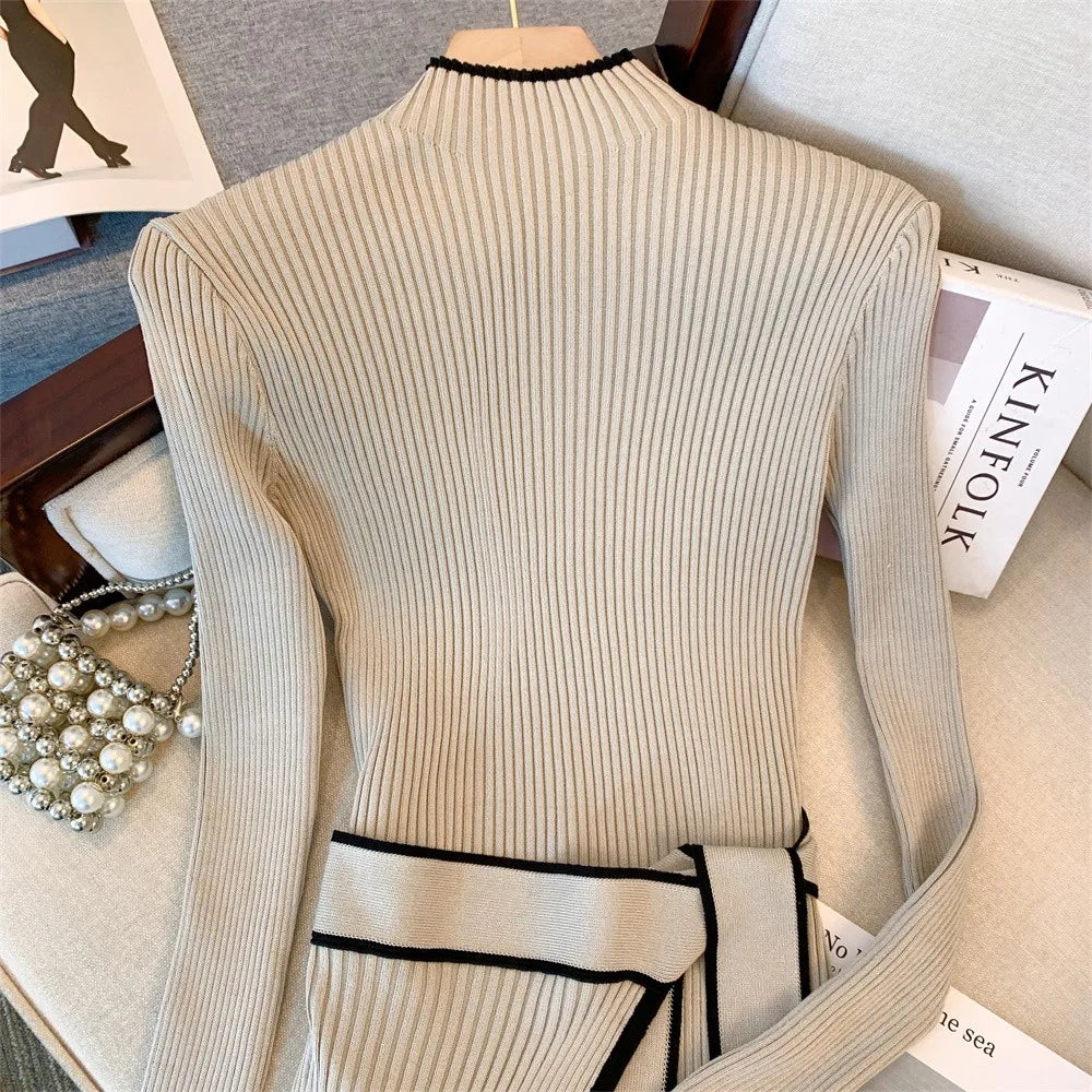 Korean Elegant Knitted Women Dress Full Sleeve O-neck Belted Sweater Dresses Solid Chic Warm Fashion Ladies Vestidos 2023