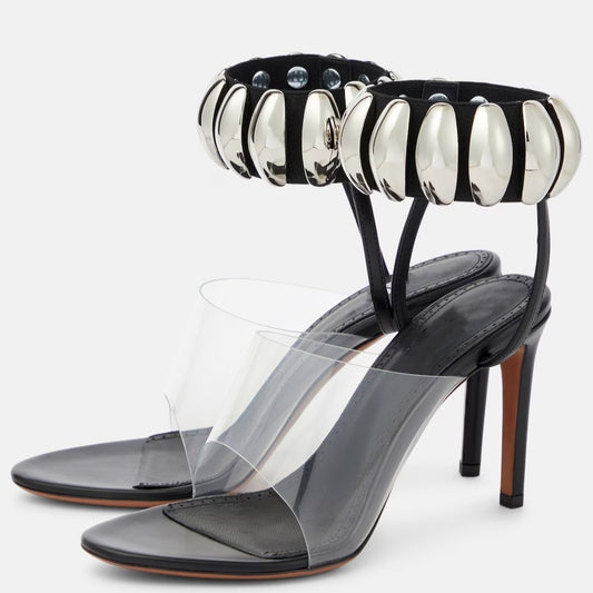 Slender high heels with round toe metal buckle and transparent PVC open toe Roman sandals