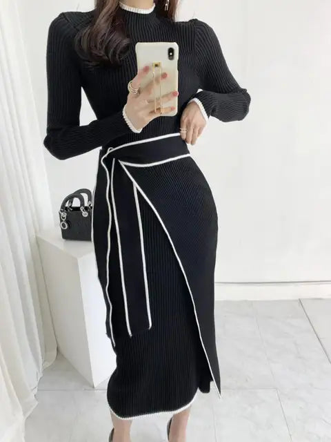 Korean Elegant Knitted Women Dress Full Sleeve O-neck Belted Sweater Dresses Solid Chic Warm Fashion Ladies Vestidos 2023