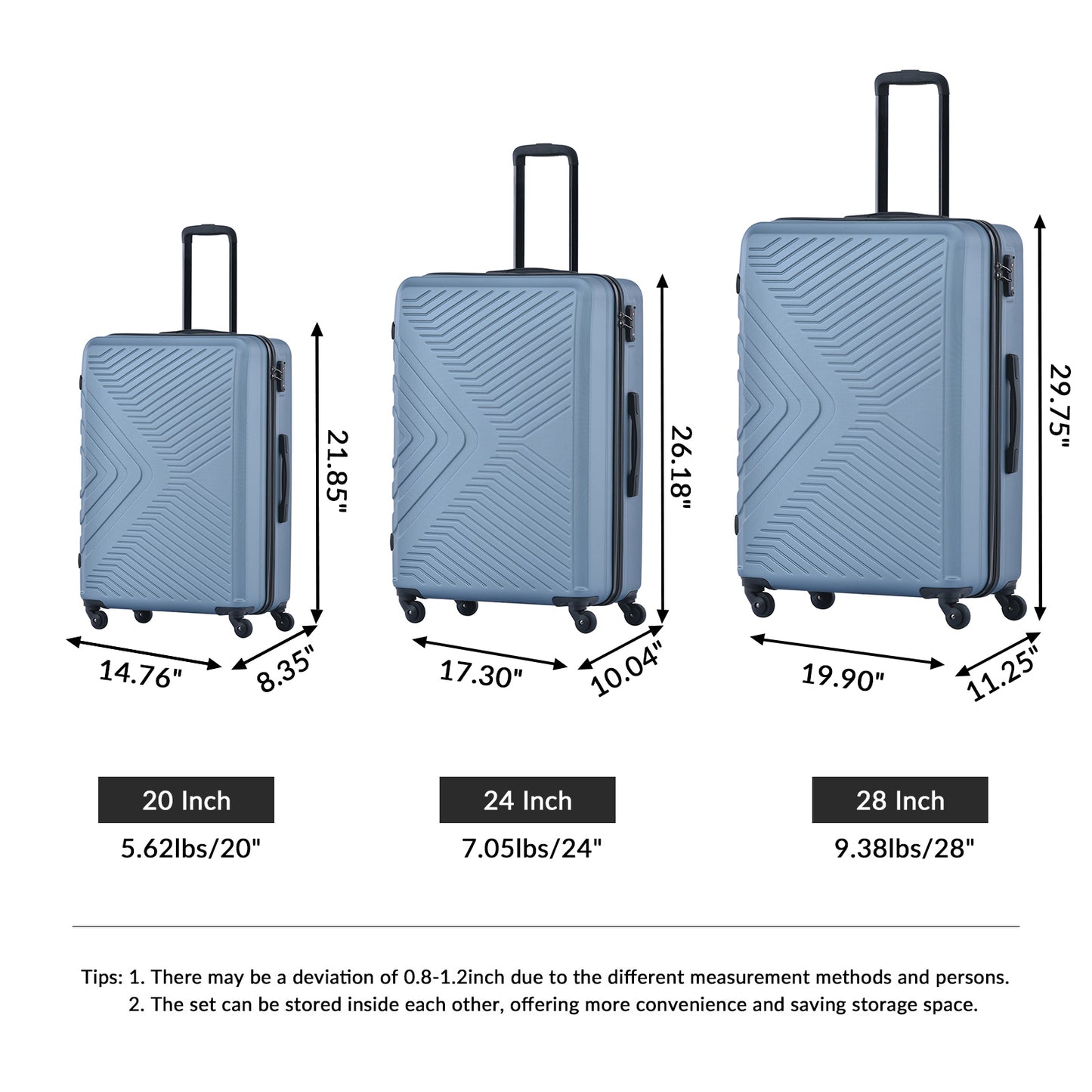 3 Piece Luggage Sets ABS Lightweight Suitcase with Two Hooks, Spinner Wheels, TSA Lock, (20/24/28) Blue