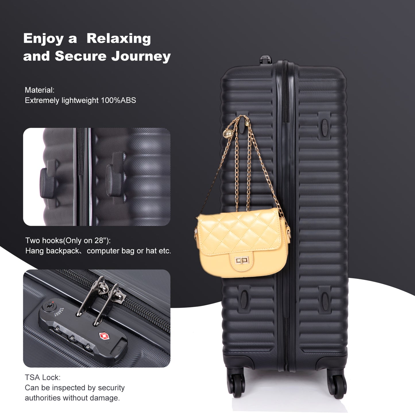 3 Piece Luggage Sets ABS Lightweight Suitcase with Two Hooks, Spinner Wheels, TSA Lock, (20/24/28) Black