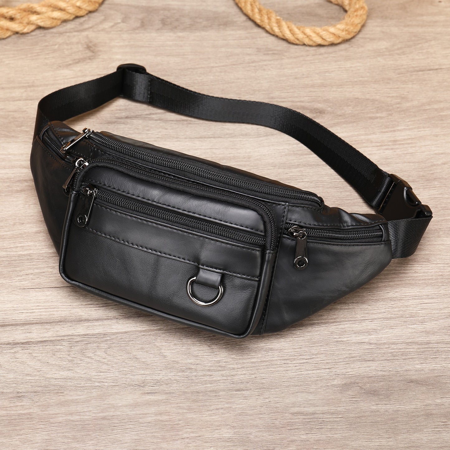 Men's sheepskin waist bag outdoor black mobile phone sheepskin bag leisure sports crossbody chest bag