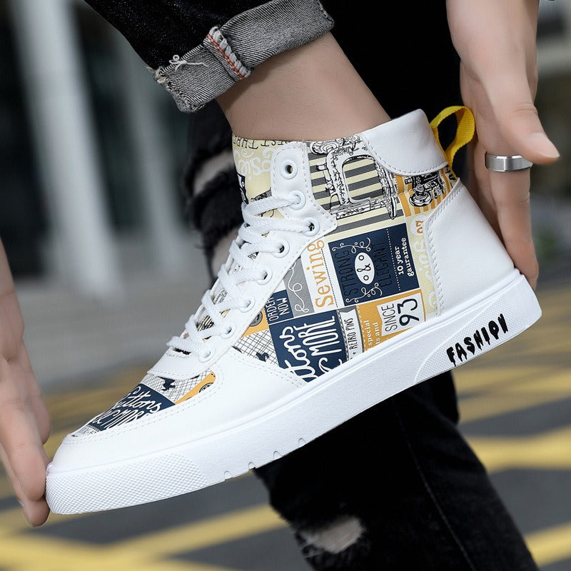 Autumn New Trendy Men's Shoes Personalized Graffiti High Top Men's Shoes Casual Four Seasons Student Sports Board Shoes Men's Tr