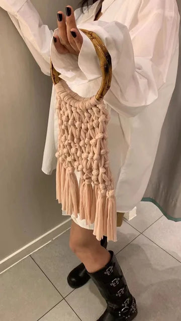 Cotton Knitted Tassel Hollow Bag DIY Hand Woven Bag Circular Handheld Small Bag