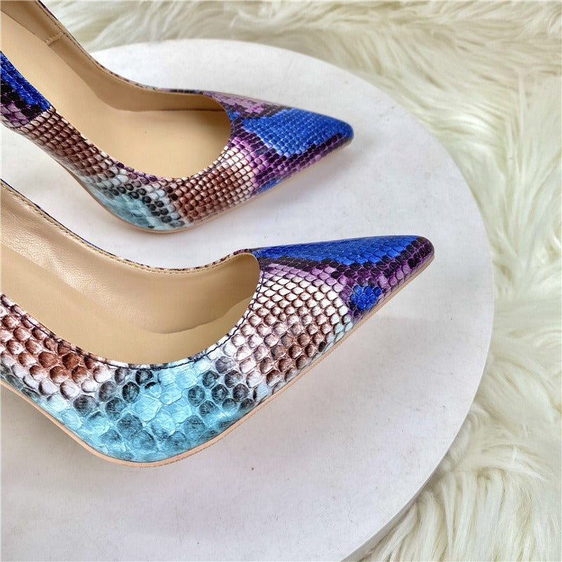 Blue snake patterned socialite high heels, pointed toe thin heels, shallow cut single shoes