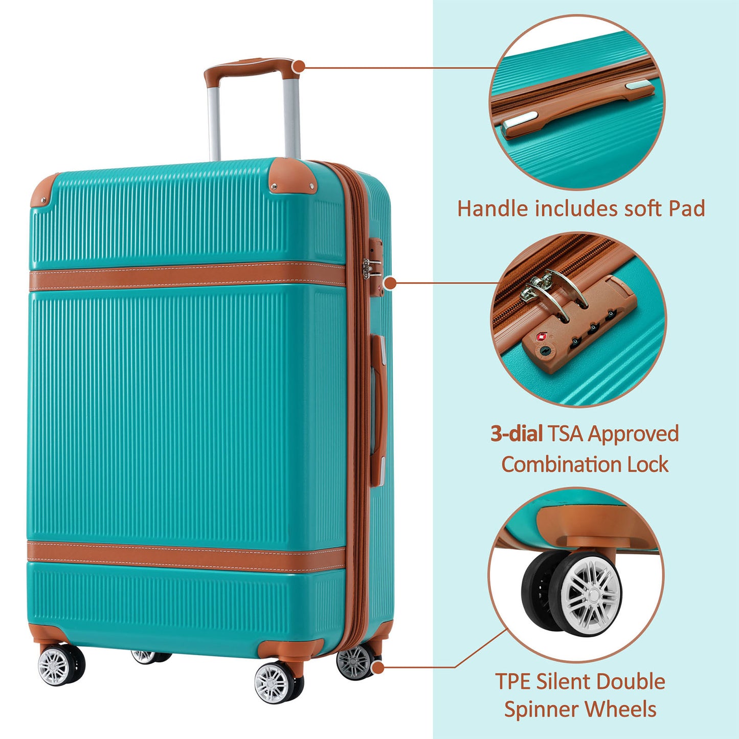 Hardshell Luggage Sets 3 Piece double spinner 8 wheels Suitcase with TSA Lock Lightweight 20''24''28'' Green + ABS