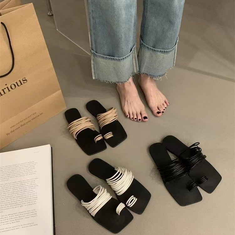 Thin band combination one line soft leather square toe slippers for women's open toe flat bottomed beach sandals