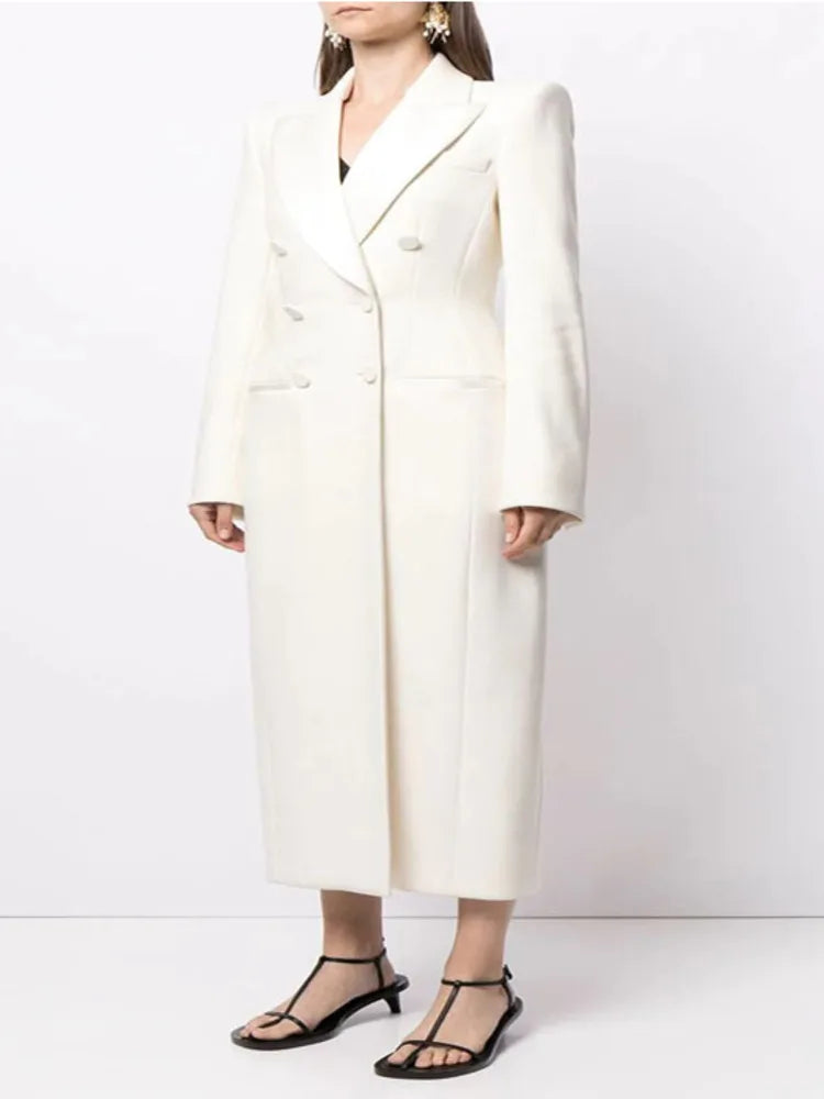 Fashion Women's Trench Coat Notched Collar Double Breasted Long Slevee High Waist White Windbreaker Autumn   New