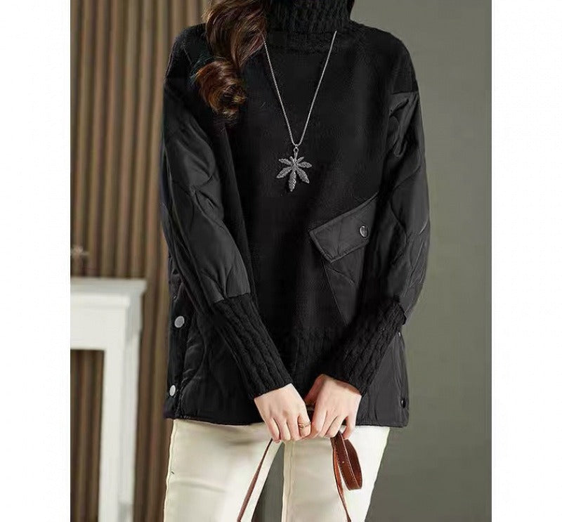 High neck loose casual sweater with down cotton splicing women's thick single pocket top