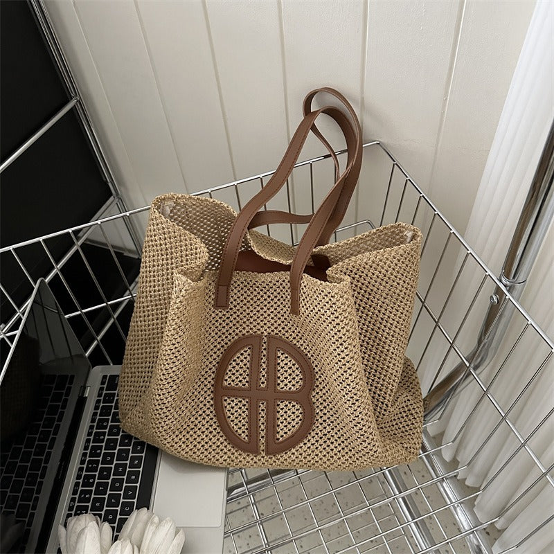 Straw Hollow Out Knitting Tote Bag Large Capacity Handmade Shoulder Handbag Women  Designer Casual Beach Bag Ethnic Style