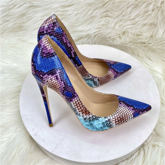 Blue snake patterned socialite high heels, pointed toe thin heels, shallow cut single shoes