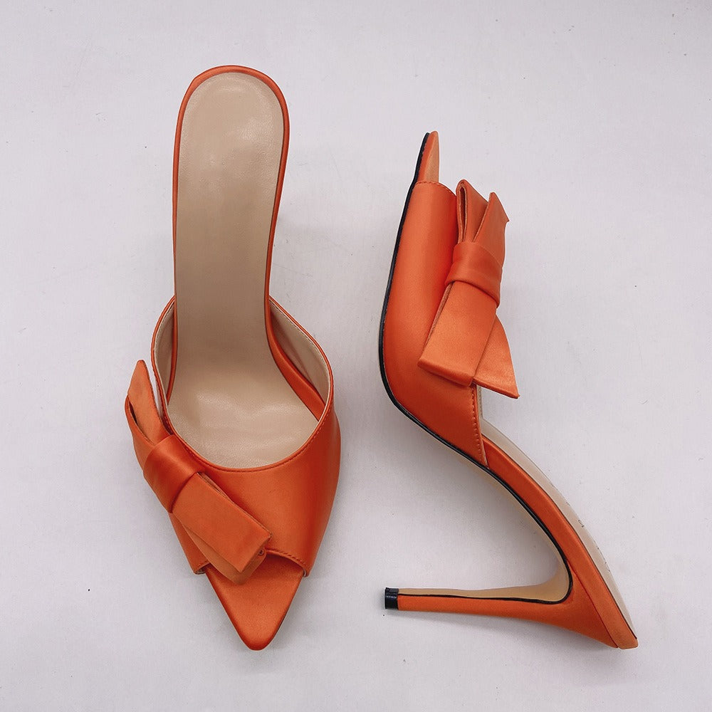 Pointed bow thin high heels sandals and slippers