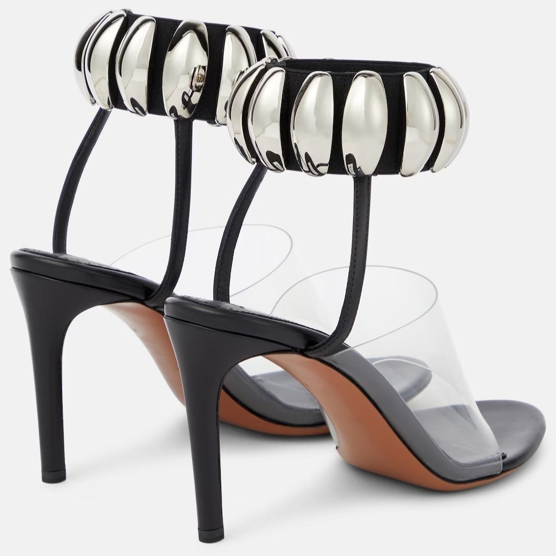 Slender high heels with round toe metal buckle and transparent PVC open toe Roman sandals