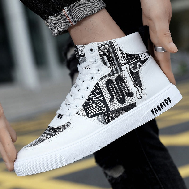 Autumn New Trendy Men's Shoes Personalized Graffiti High Top Men's Shoes Casual Four Seasons Student Sports Board Shoes Men's Tr