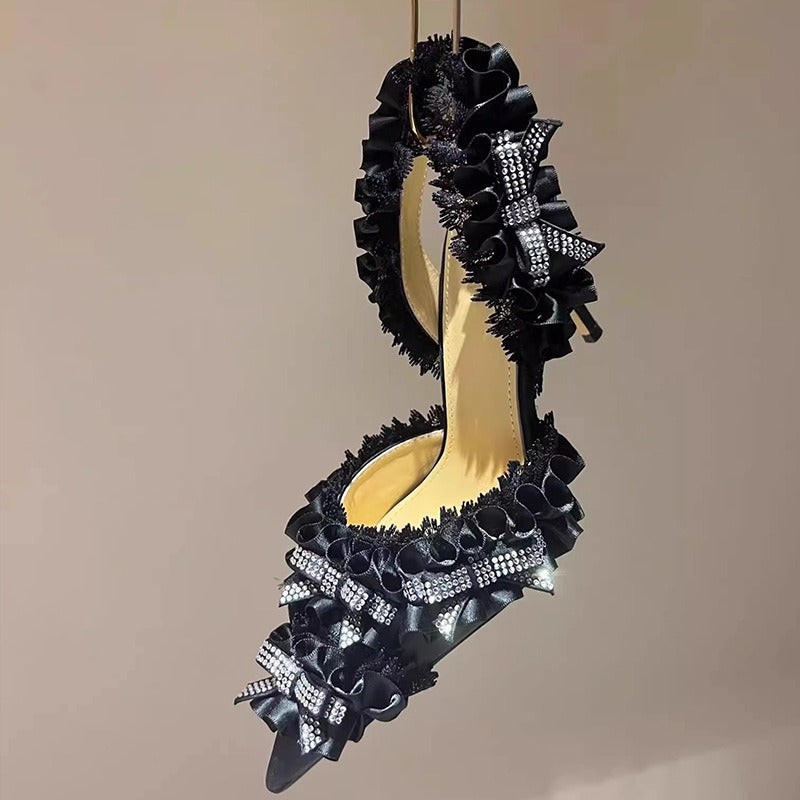 Black and white rhinestone bow decoration with lace and lace, Lolita headband silk high heeled sandals