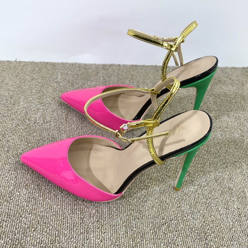 Color blocking straight line sandals 12CM pointed toe thin heel shallow mouth single shoe women's shoes