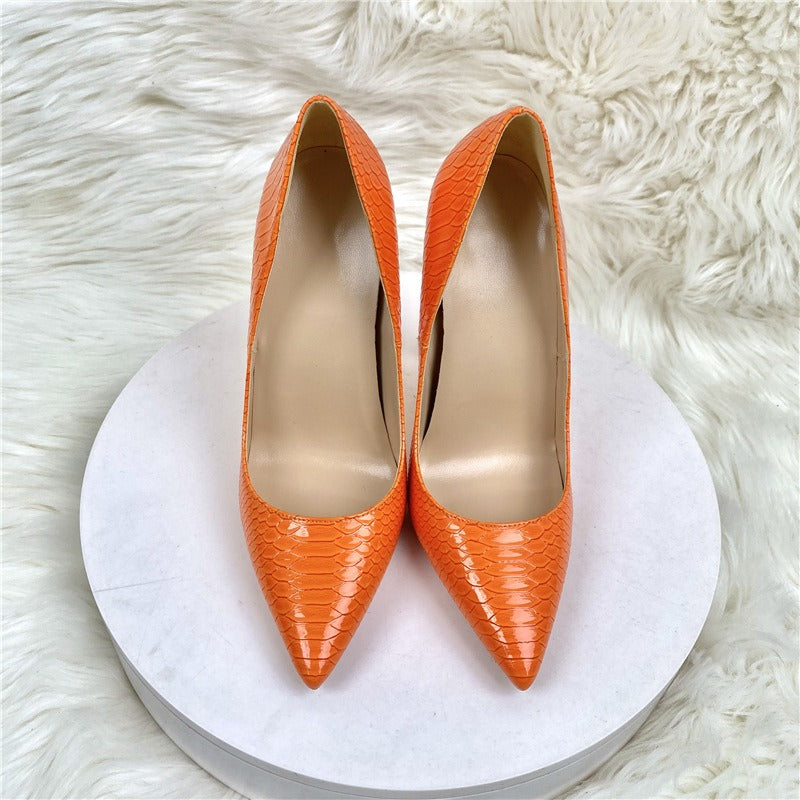 Orange snake patterned socialite high heels, pointed toe thin heels, fashionable and sexy shallow mouth women's shoes