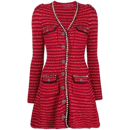 New Arrive Red Color Knitted Women Mini Dress V Neck Long Sleeve Slim Lady Short Dress