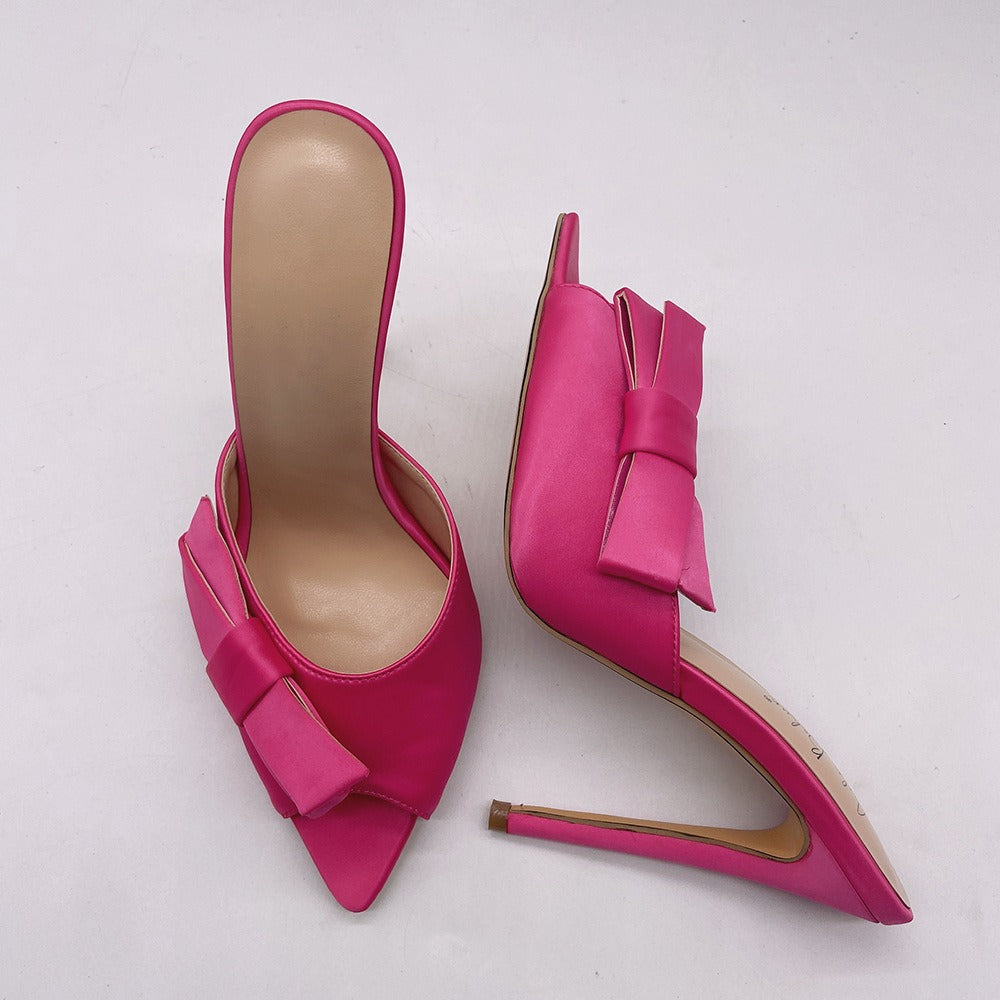 Pointed bow thin high heels sandals and slippers