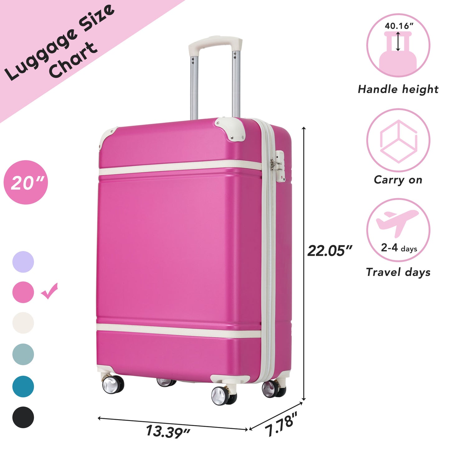 20 IN Luggage 1 Piece with TSA lock , Lightweight Suitcase Spinner Wheels,Carry on Vintage Luggage,Pink