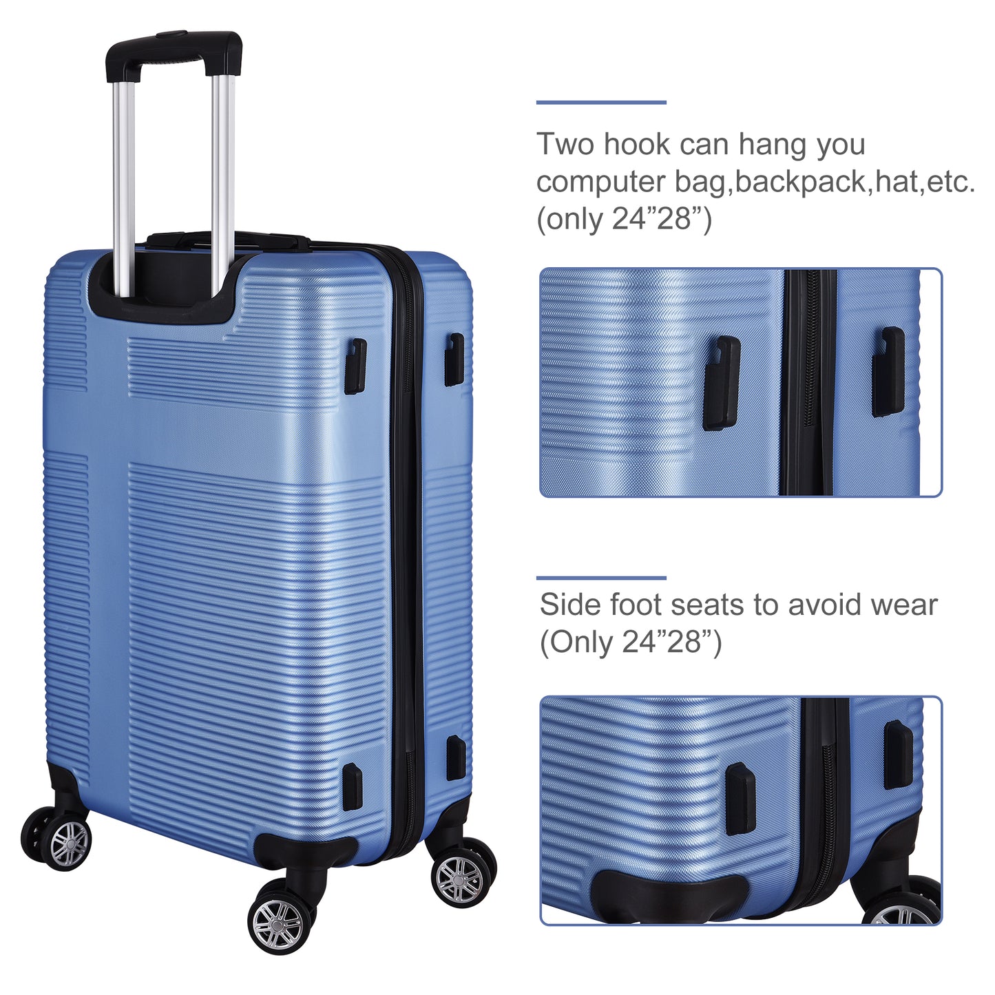 3 Piece Luggage with TSA Lock ABS, Durable Luggage Set, Spinner Wheels Cross Stripe Luggage Sets 20in/24in /28in Light Blue