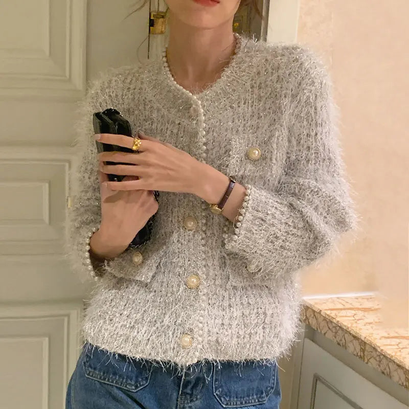 Pearl Beading Elegant Knit Cardigan Sweater Women Korean Stylish Shiny Thread Tops Long Sleeve O-neck Vintage Coats Jumpers